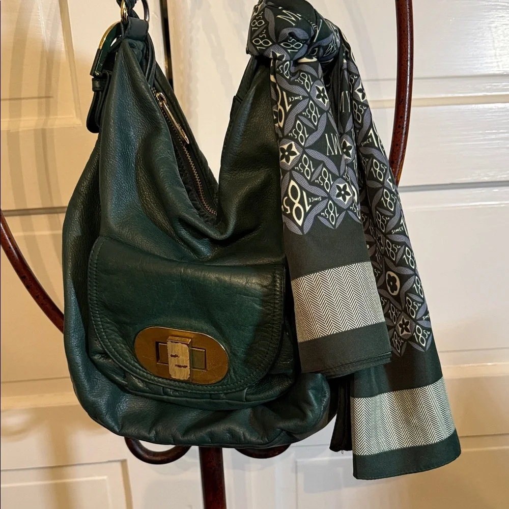 100% Silk Scarf 35” Square Green Gray Geometric Print